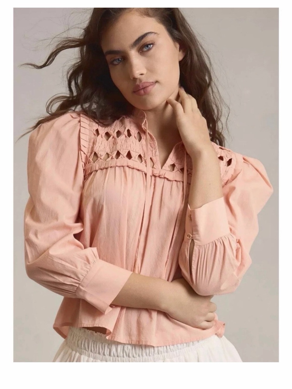 Self Contrast Organic Boho Peasant Blouse with Lace Cutwork